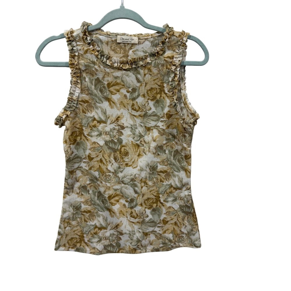 Doe and Rae Floral Ruffle Plisse Sleeveless Top Olive Green Tan Small 41866T-1